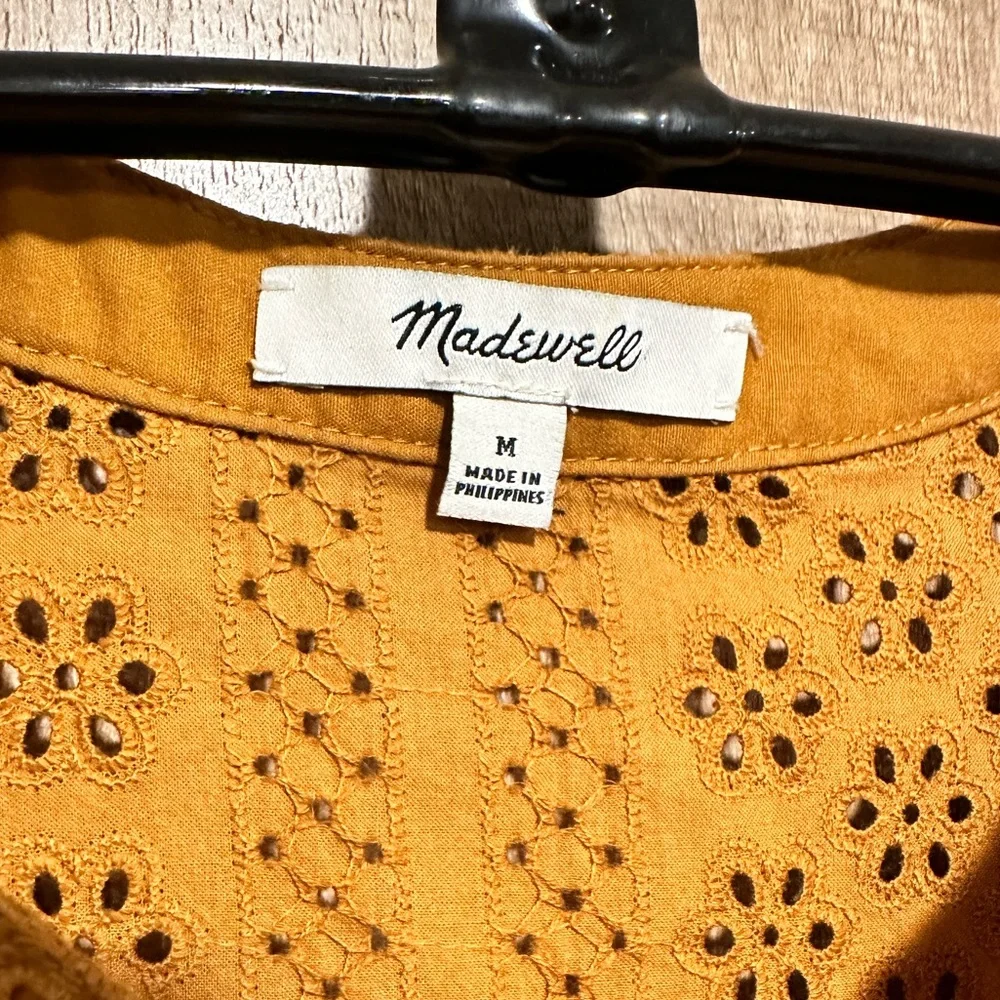 Madewell Eyelet double-tie peasant blouse, top. Medium, mustard color. - Picture 2 of 5